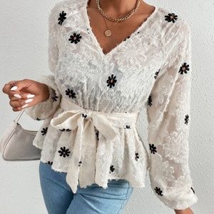 Cream Fuzzy Embroidered Floral V neck Semi Sheer Top
